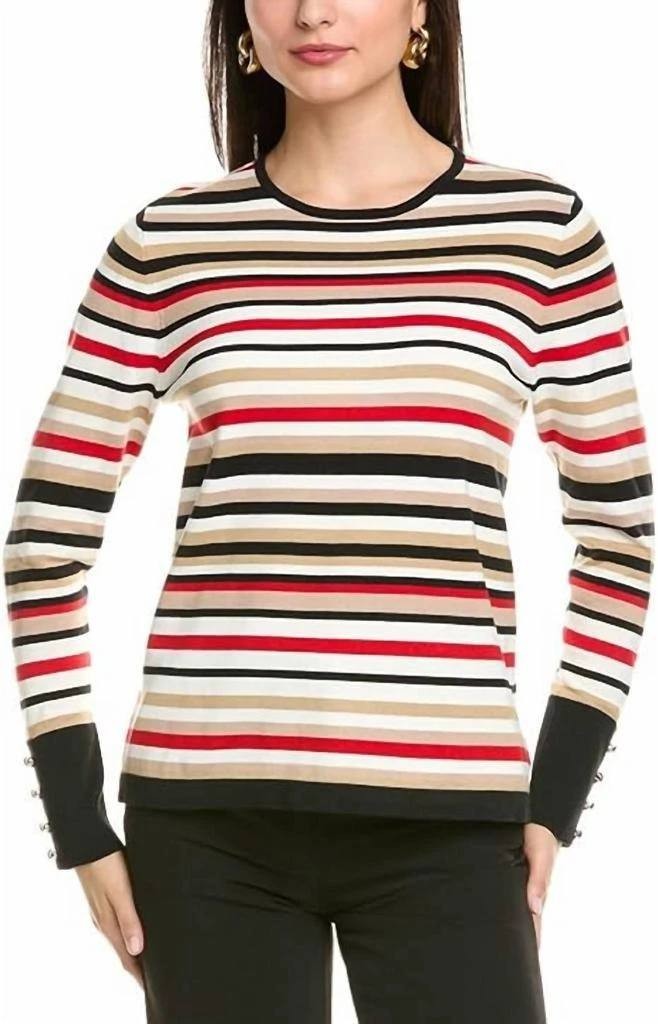 Anne Klein Striped Button‑Cuff Crewneck Sweater Multi XL NWT $99