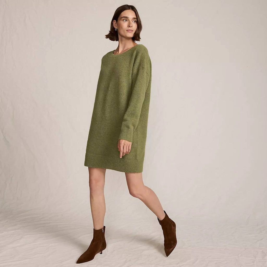Lands’ End Fuzzy Bow Back Mini Sweater Dress Olive Drab Heather XL NWOT $109.95