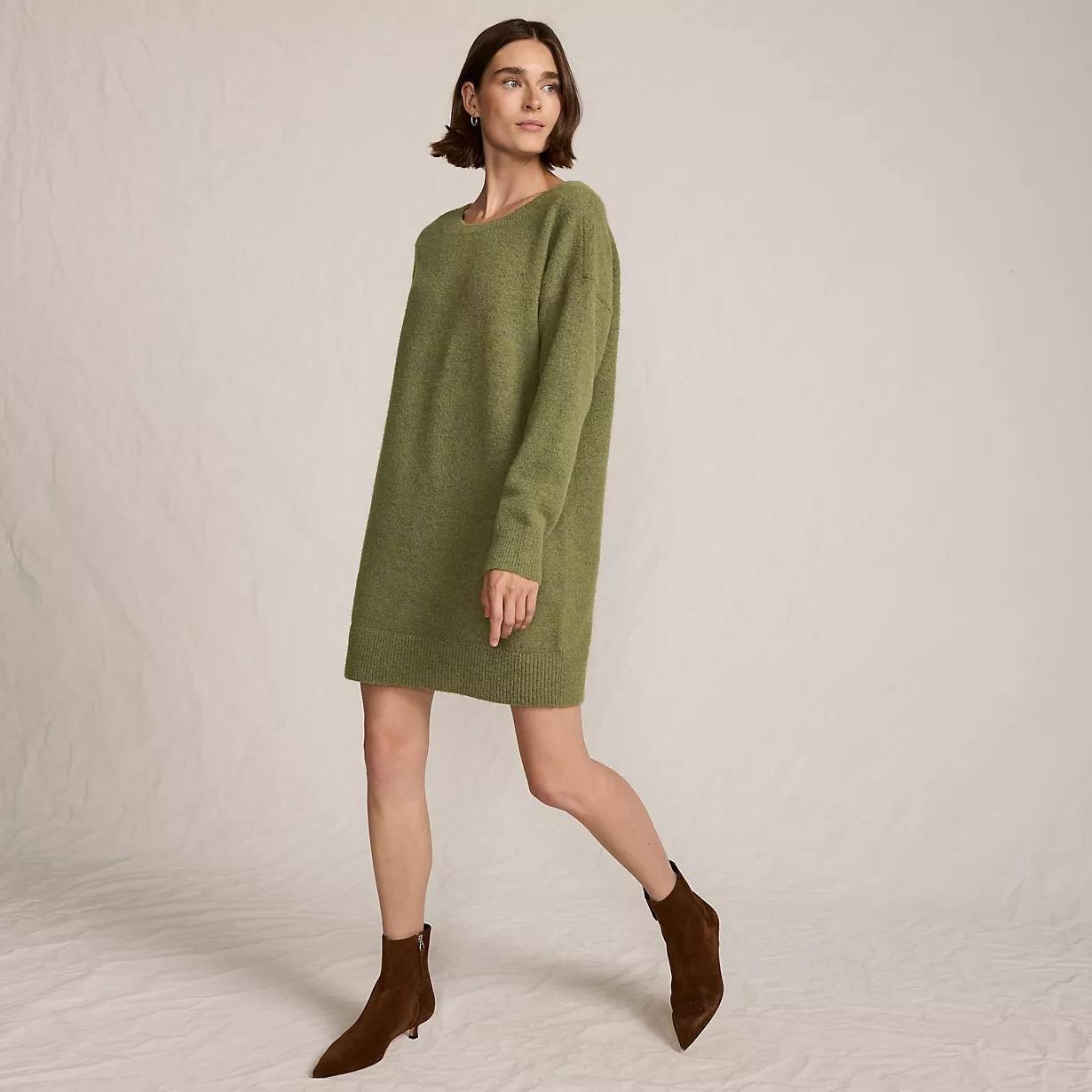 Lands’ End Fuzzy Bow Back Mini Sweater Dress Olive Drab Heather XL NWOT $109.95