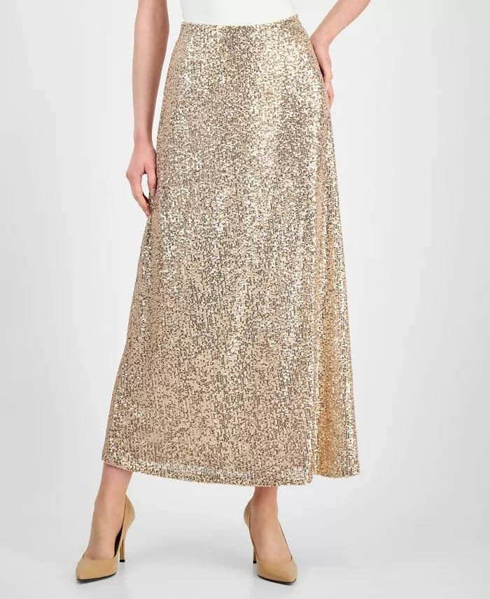 Anne Klein Sequin Flared Maxi Skirt Luxe Champagne L NWT $129