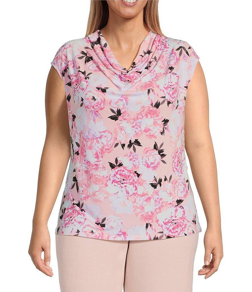 Kasper Plus Size Cap Sleeve Cowl Neck Pleated Top White Pink 2X NWT $59