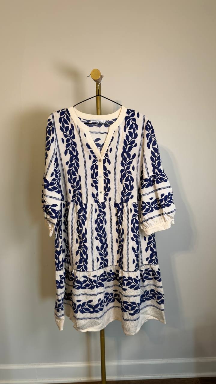 Figueroa & Flower 3/4 Sleeve Tier Babydoll A-Line Dress White/Navy L NWT $60