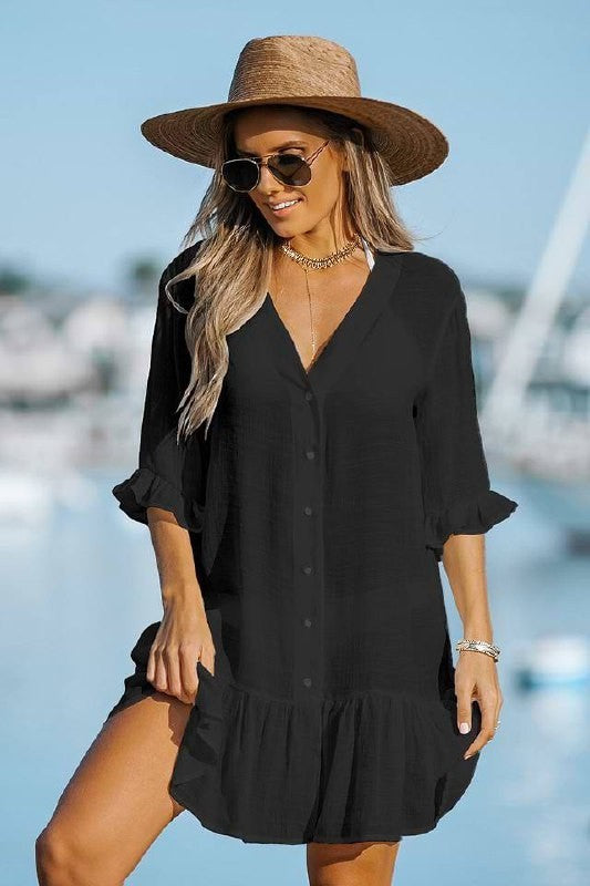 Cupshe Black Ruffled Swim Cover‑Up Dress Size L NWT Beachwear Summer msrp$53