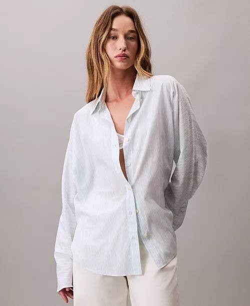 Calvin Klein Long Sleeve Striped Button‑Down Shirt White Print M NWT $109