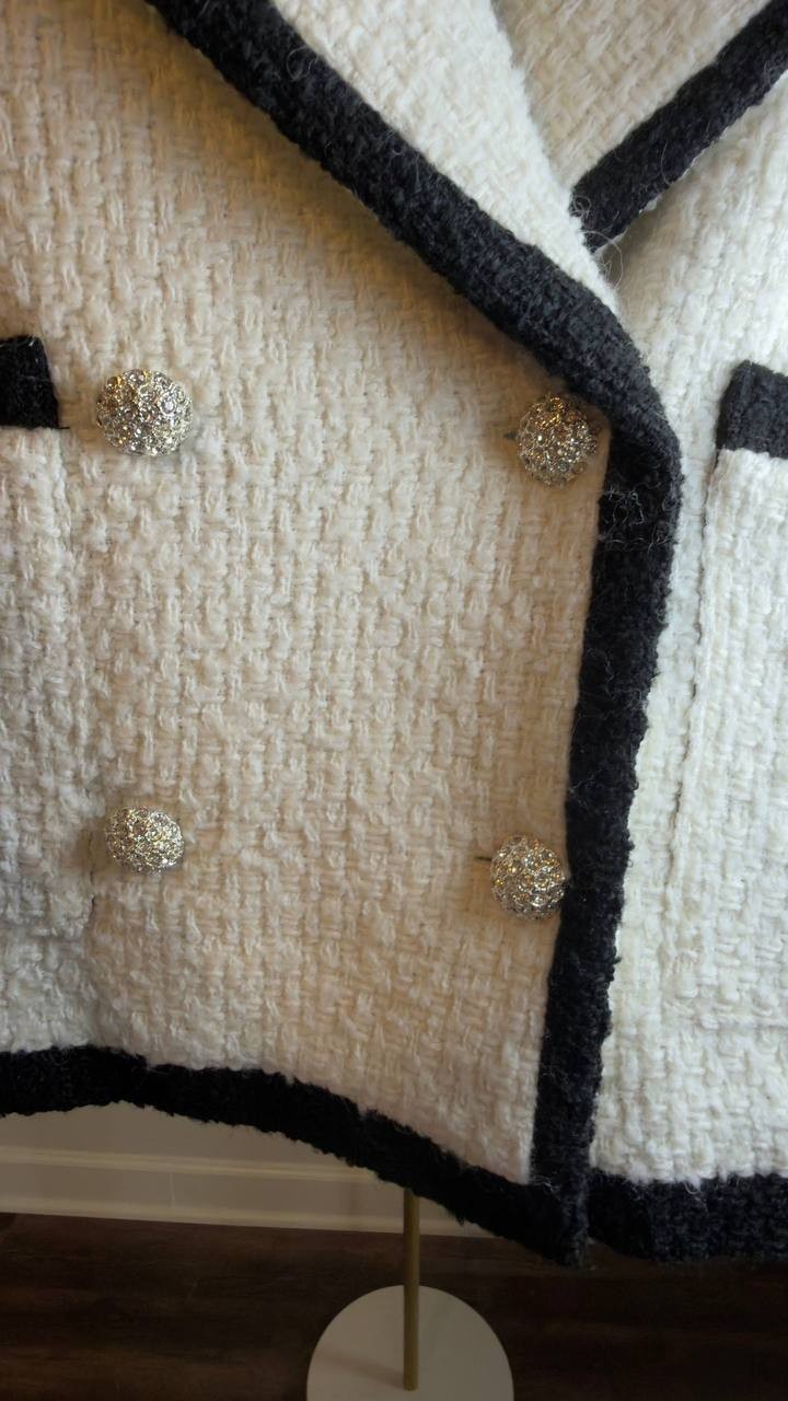 Avec Les Filles Tweed Double‑Breasted Tipped Jacket Cream M NWOT $169