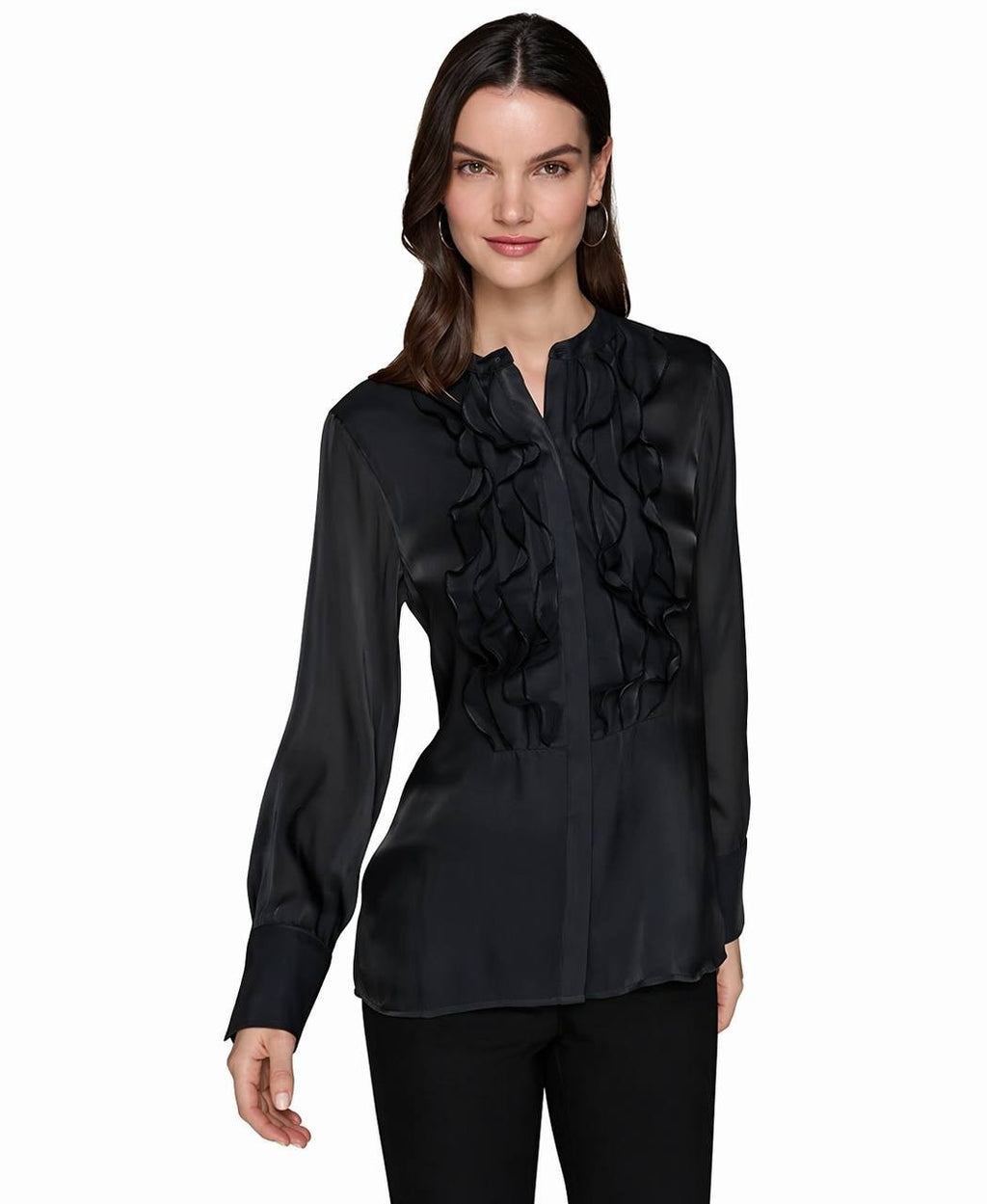 Karl Lagerfeld Paris Women’s Ruffled‑Front Organza Blouse Black Size L NWT $109