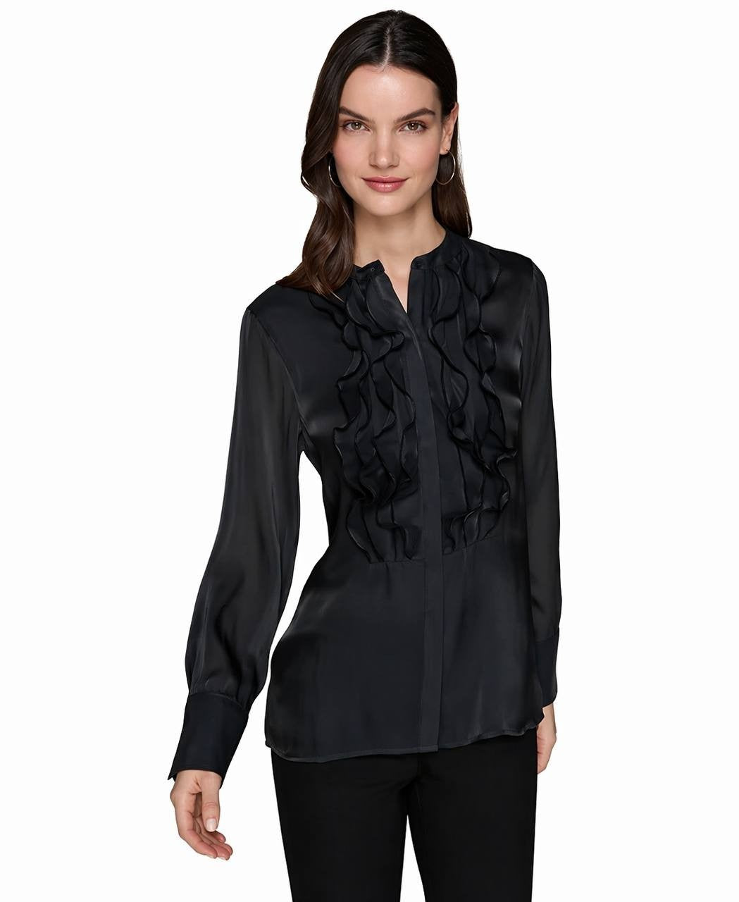 Karl Lagerfeld Paris Women’s Ruffled‑Front Organza Blouse Black Size L NWT $109