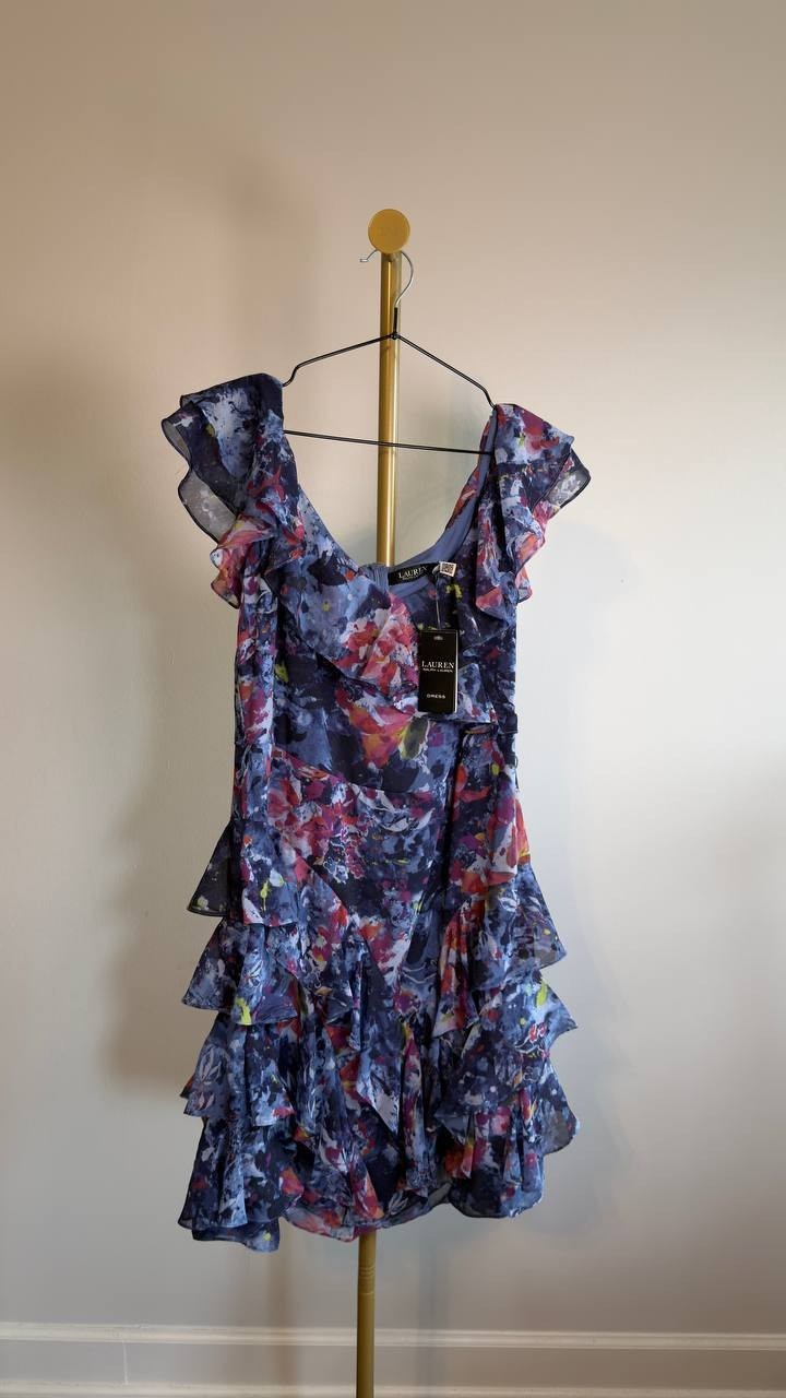 Lauren Ralph Lauren Off‑Shoulder Print Cocktail Dress 12 Blue Multi NWT $225