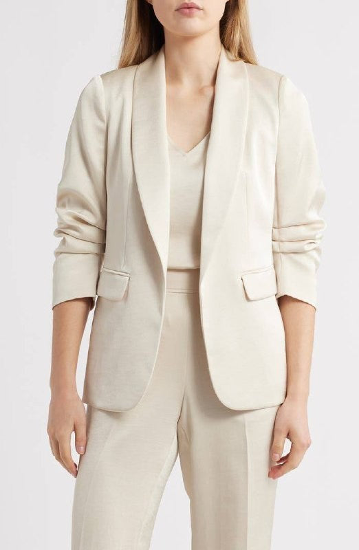 Anne Klein Ruched‑Sleeve Satin Blazer – Light Parchment – Size XL – NWT – $159