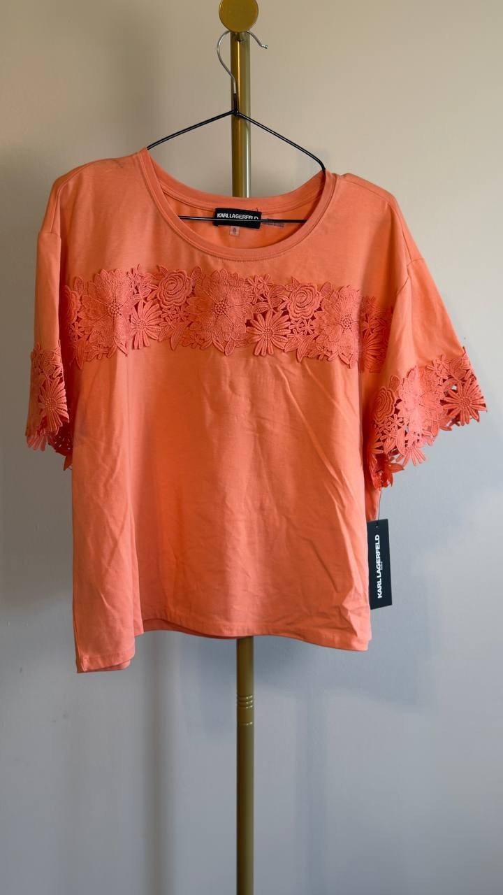Karl Lagerfeld Lace‑Trim Knit Top Orange Size XL NWT $109