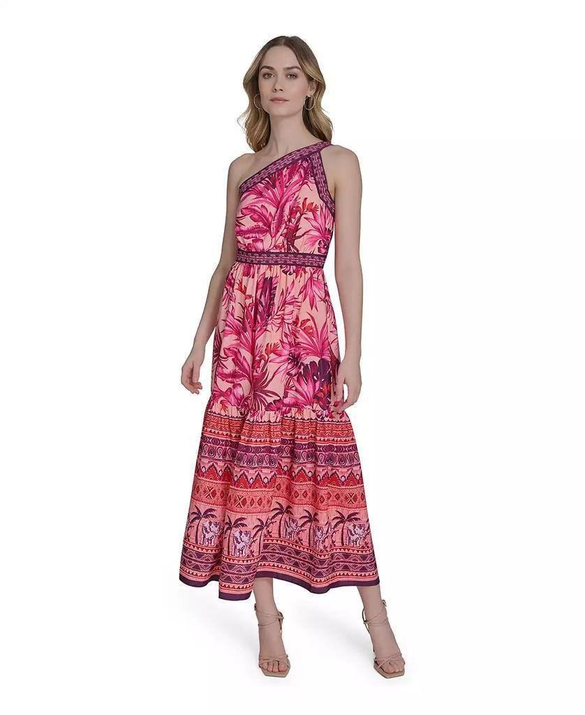 Eliza J Mixed‑Print One‑Shoulder Tiered Midi Dress Floral Multi 16 NWT $158