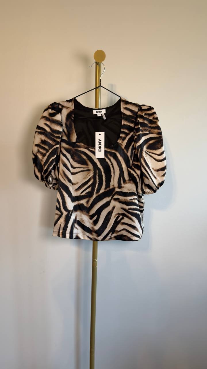 DKNY Printed Satin Puff-Sleeve Zipper Top Blurred Zebra S NWT $89