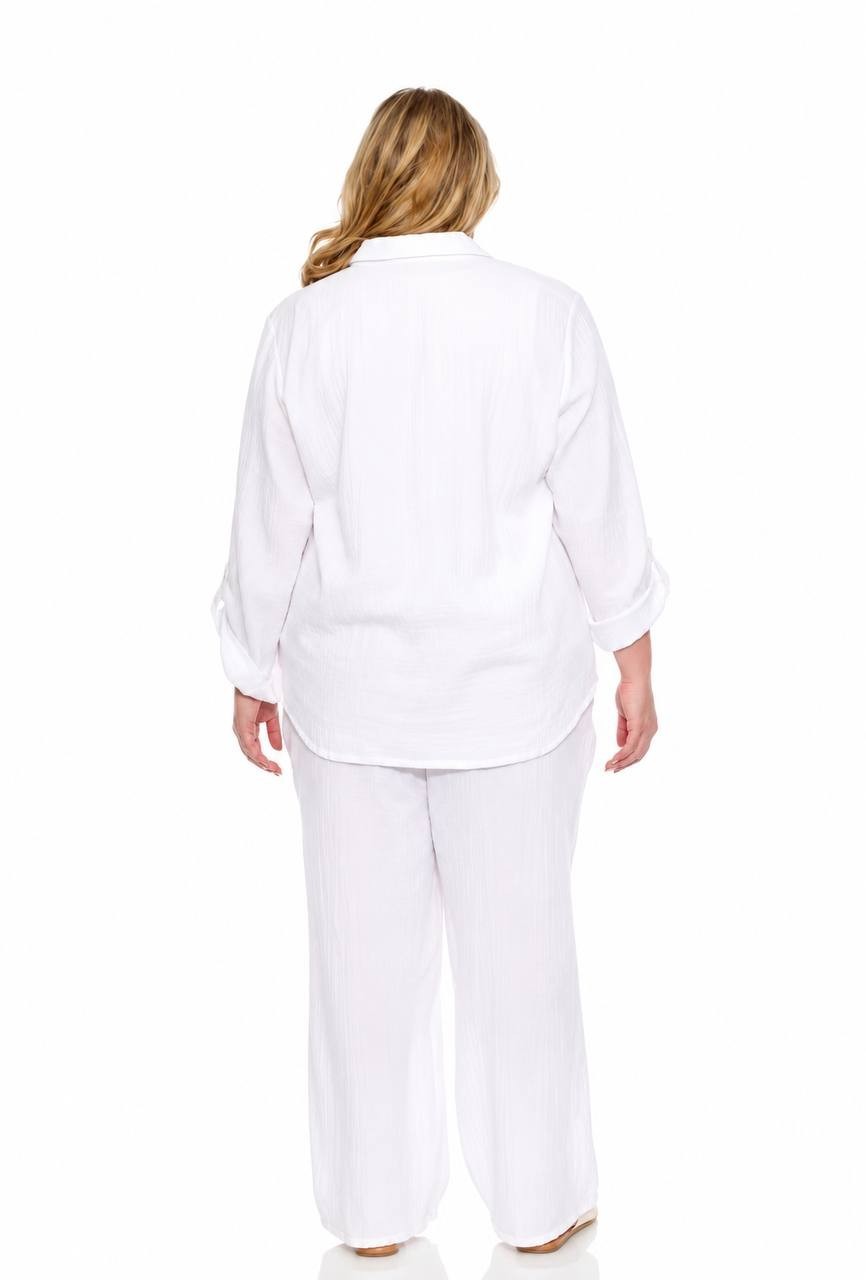 White Mark Plus Size Long Sleeve Button Down Cotton Gauze Shirt White 3X NWT $92