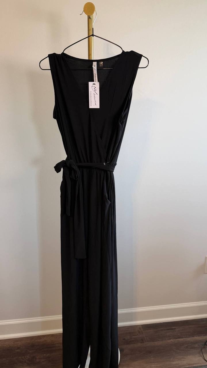 NY Collection Petite 3/4 Sleeve Belted Wide Leg Jumpsuit Black PM $66 NWT
