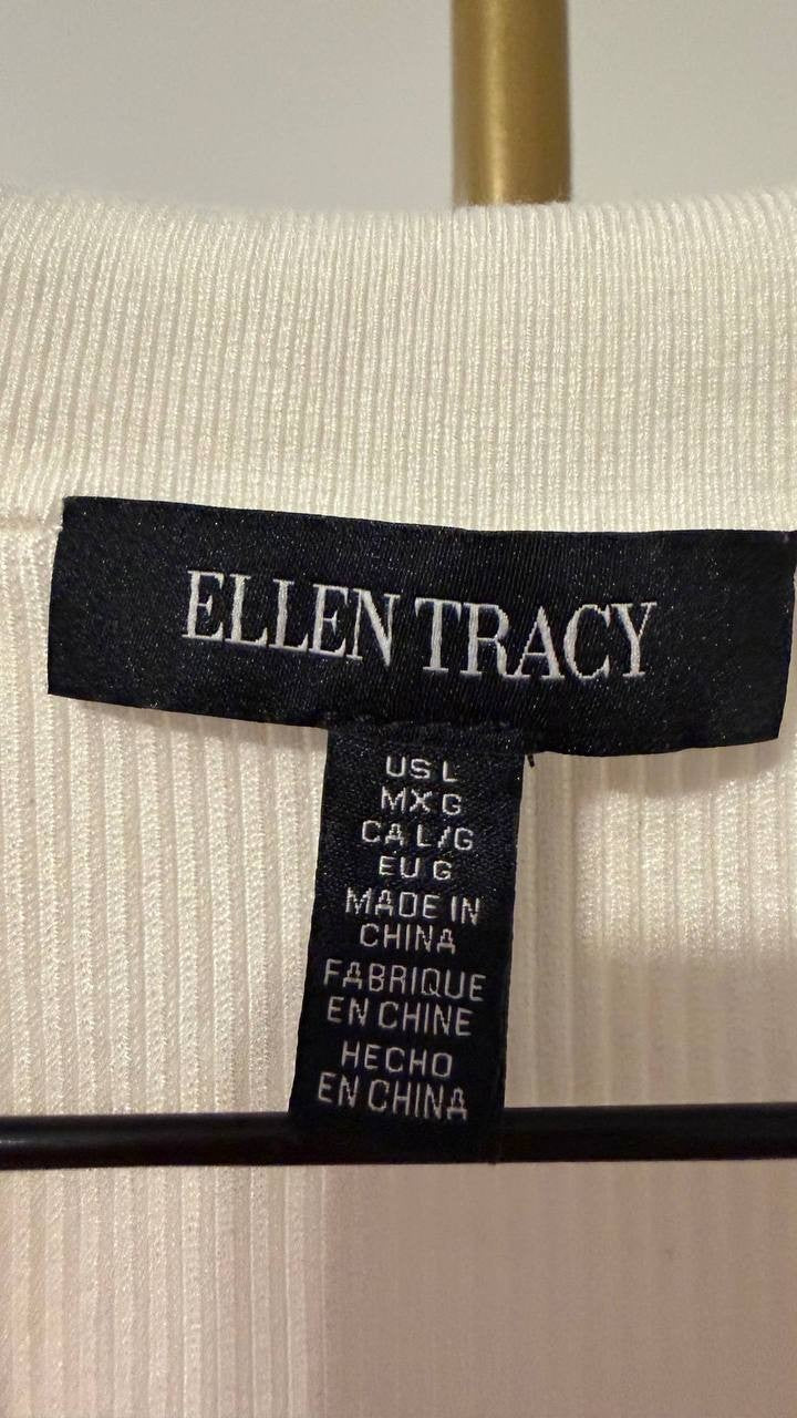 Ellen Tracy Ivory Sleeveless Pleated Dress Size L with Belt Good Pre-Owned