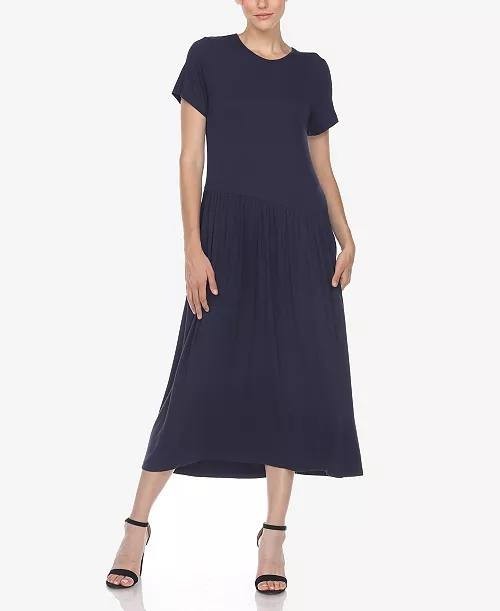 White Mark Women’s Short Sleeve Asymmetrical Waist Maxi Dress Navy L NWT $58