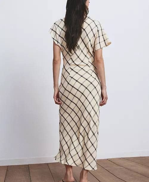 Mango Women’s Draped Neckline Checked Dress Beige XL NWT $100