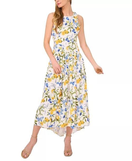 CeCe Floral Crewneck Bow-Strap High-Low Dress Lemon Print XL $129 NWT