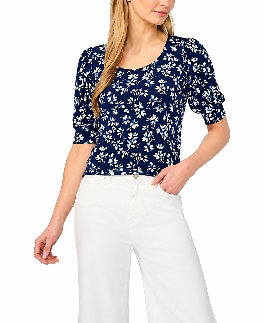 CeCe Scoop‑Neck Printed Elbow‑Sleeve Top L Classic Navy NWT $49