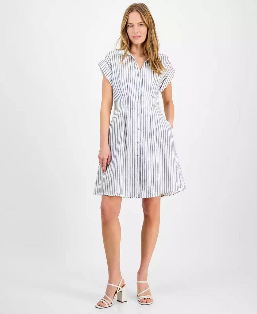 Julia Jordan Striped Cap‑Sleeve Button‑Front Dress-Ivory Navy– M–NWT–MSRP$129