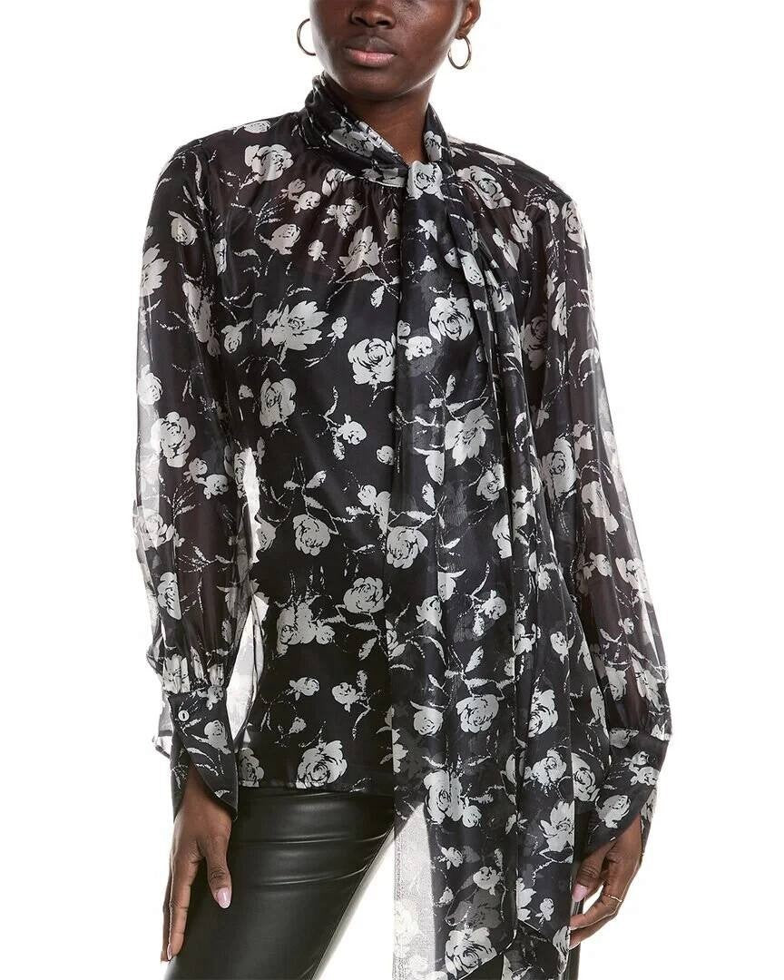 Gratia Sheer Floral Bow-Tie Blouse – Size S – NWT