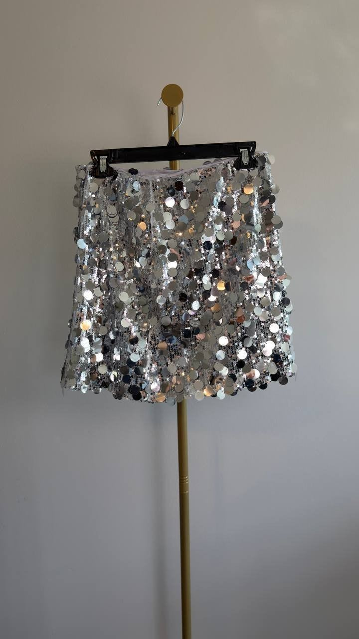CeCe Women’s Sequin Paillette Mini Skirt Silver Charm 4 NWT $89
