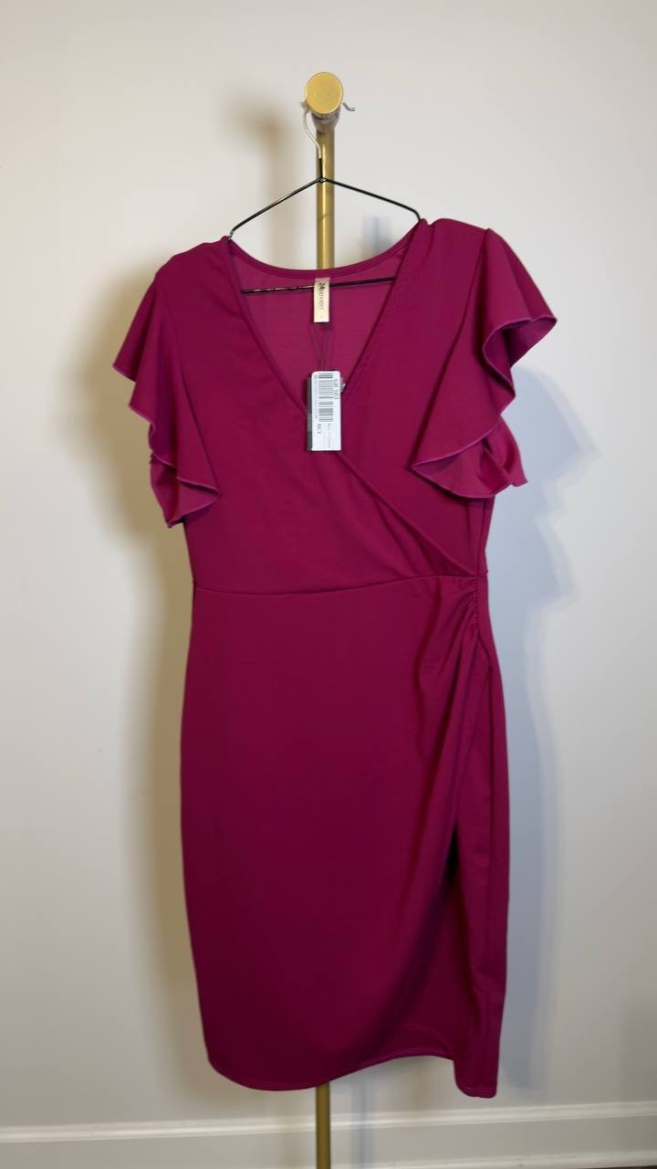 24seven Comfort Apparel Women’s V‑Neck Ruffle Sleeve Dress Magenta L NWT $97