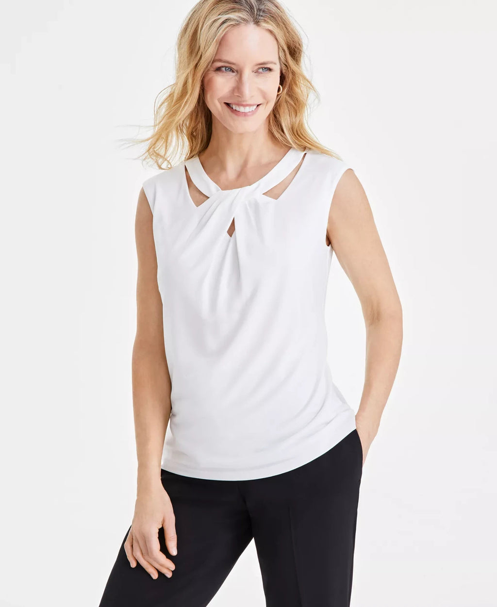 Kasper Twist-Neck Blouse White 1X NWT Plus Size Sleeveless Workwear Elegant