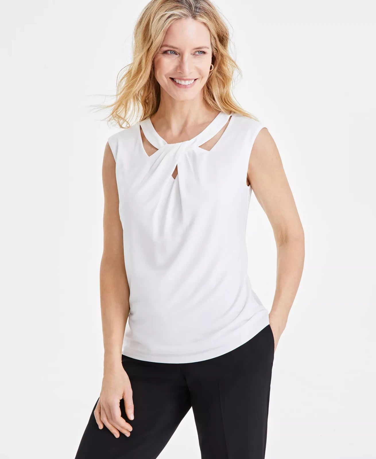 Kasper Twist-Neck Blouse White 1X NWT Plus Size Sleeveless Workwear Elegant