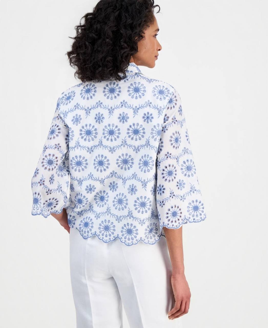 Anne Klein Scalloped Eyelet 3/4‑Sleeve Button Blouse White Multi L NWT $129