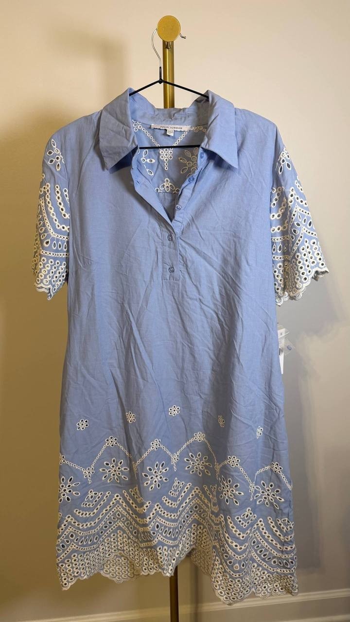 Julia Jordan Women’s Short‑Sleeve Cotton Eyelet Shirt Dress Blue Ivory L $129 NW