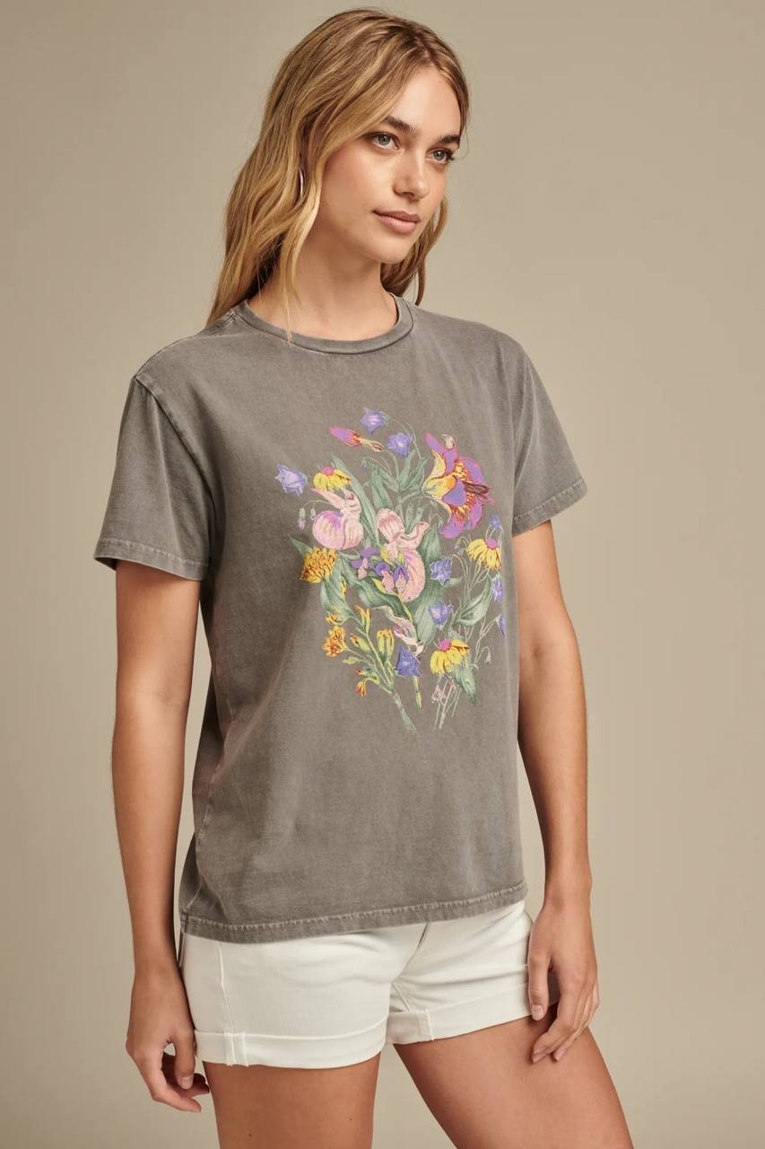 Lucky Brand Faded Neon Floral Classic Crew Dark Dull Grey L Pre‑Owned $39.50