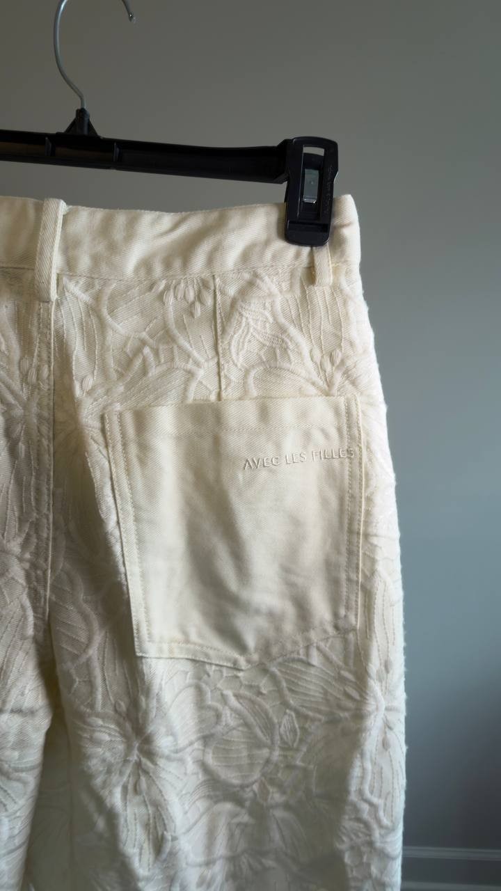 Avec Les Filles High Waist Embroidered Lace Cotton Pants Off White 27 NWT $158
