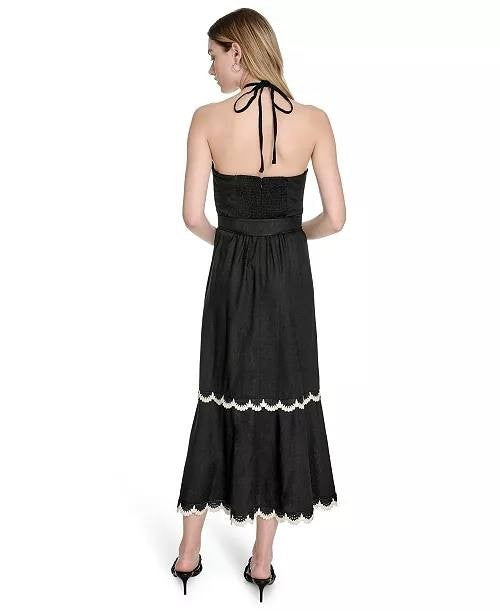 Eliza J Beaded‑Strap Contrast‑Trim Halter Midi Dress Black 16 NWT $168