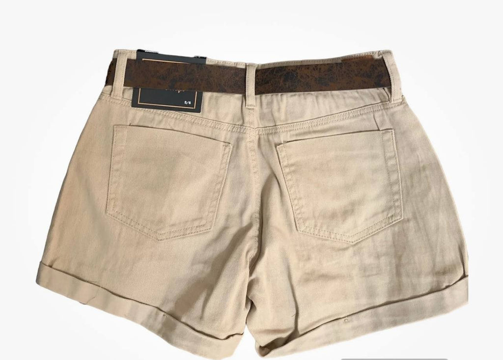 Dollhouse Khaki Denim Shorts Distressed, Belted, Mid Rise, Size 25 (5/6)