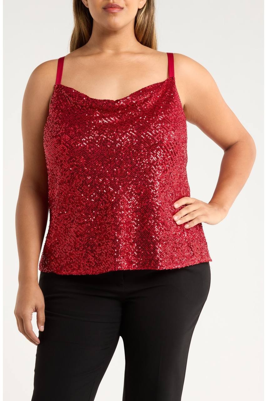 Tahari ASL Sequin Cowl‑Neck Camisole Claret 2X NWT $79