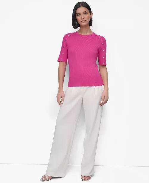 DKNY Sweater XS Pink Button Shoulder Elbow Sleeve Rib Knit Pullover Rayon NWT