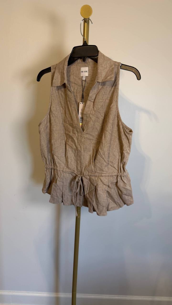 NIC+ZOE Cotton Linen Drawstring Vest Brown Mix L NWT $128