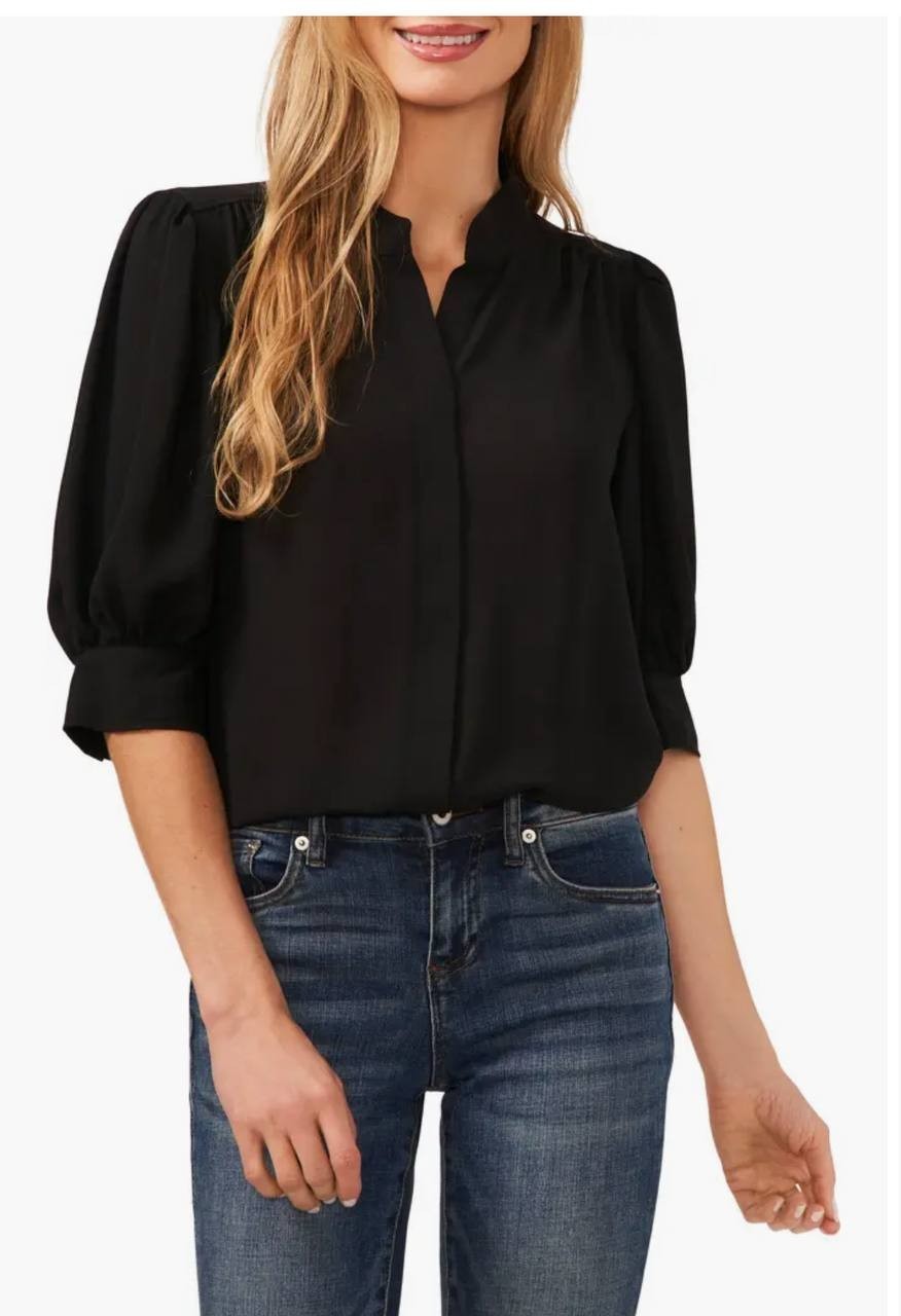 CeCe Shirt XS Rich Black Puff Sleeve Button-Up Blouse NWT MSRP $69 Feminine Chic