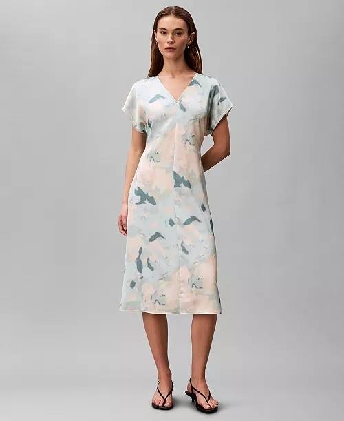 Calvin Klein Satin Print V‑Neck Midi Dress Pale Meadow S NWT $169