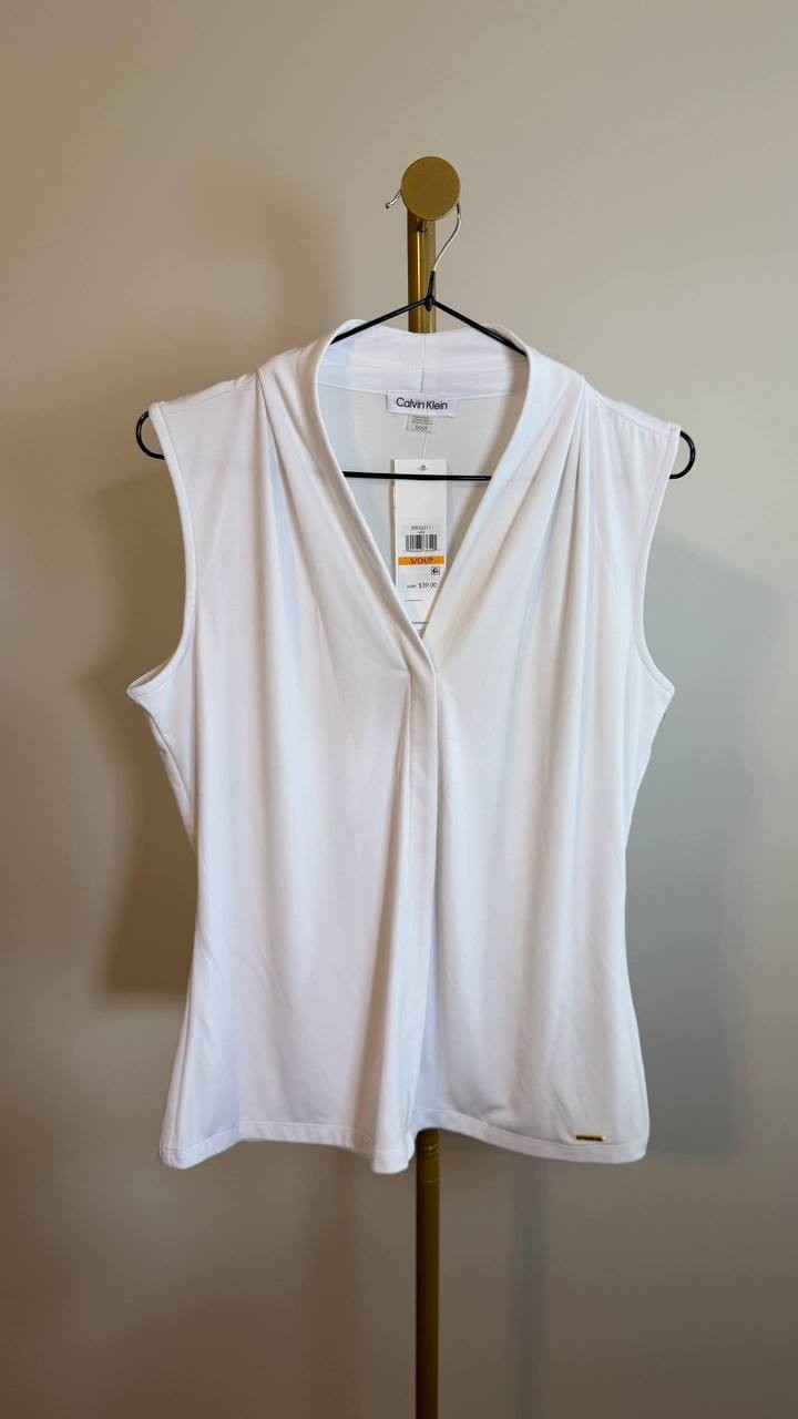Calvin Klein Gathered V‑Neck Sleeveless Top White Hidden Buttons Size S NWT $49