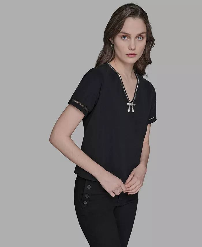 Karl Lagerfeld Paris Crystal Bow V‑Neck Knit Top Black S NWT $89