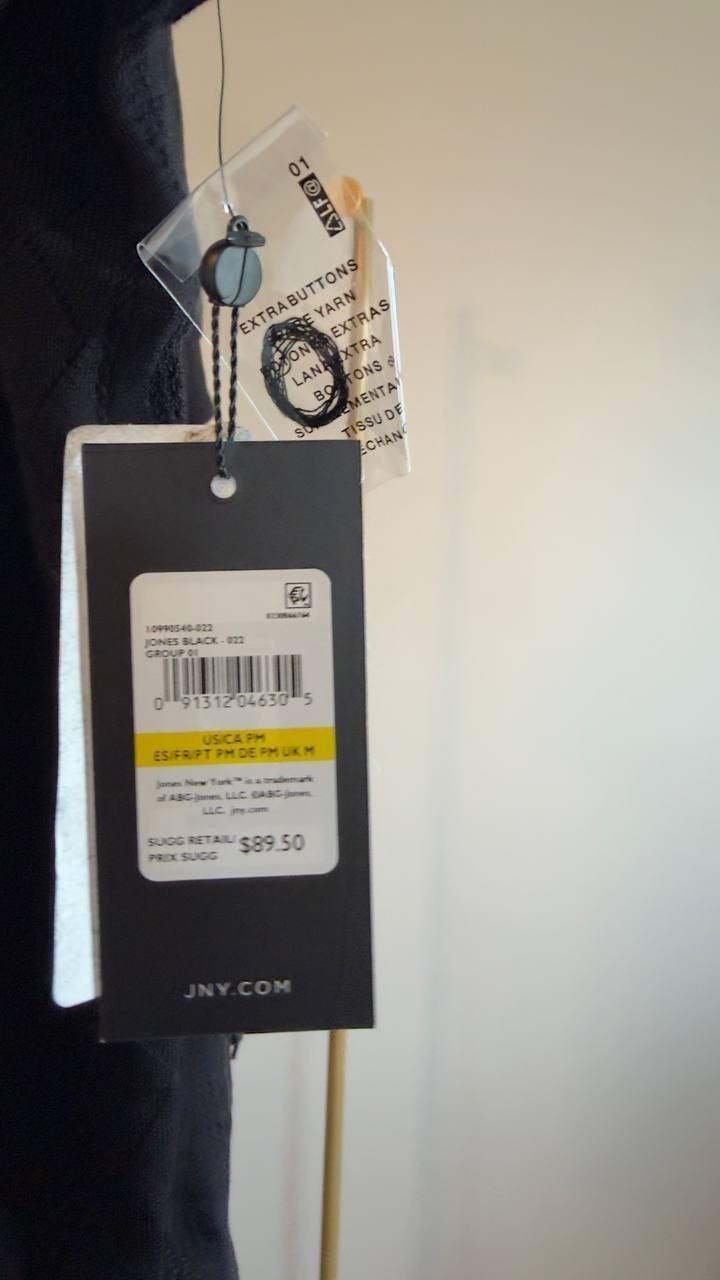 Jones New York Petite Open Stitch Short‑Sleeve Cardigan Black PM NWT $89.50