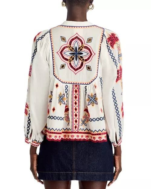 FARM Rio Mary's Tiles Embroidered Blouse Off-White M Cotton Short-Sleeve