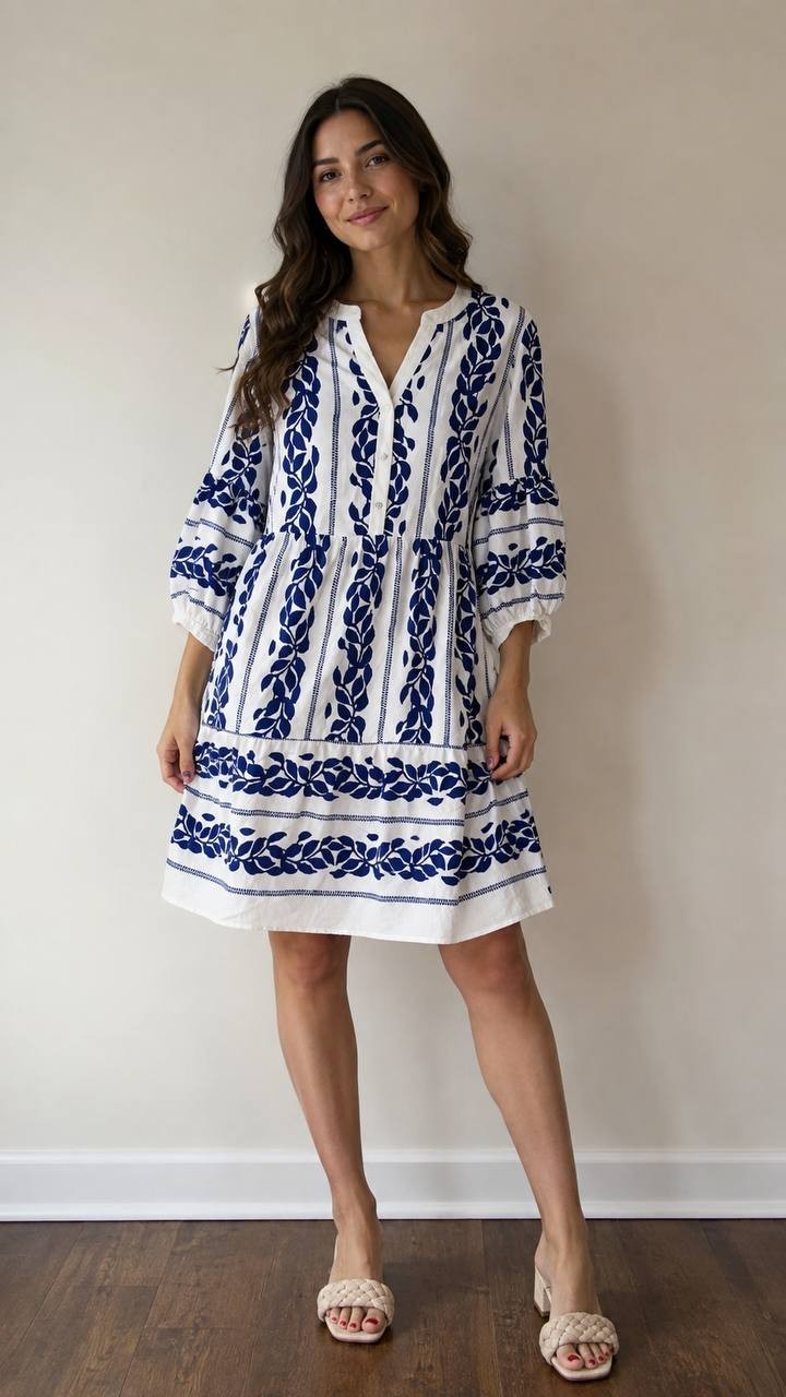 Figueroa & Flower 3/4 Sleeve Tier Babydoll A-Line Dress White/Navy L NWT $60