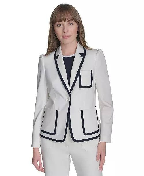 ommy Hilfiger Women’s Contrast‑Trim Puff‑Sleeve Jacket White 2 $159 NWOT