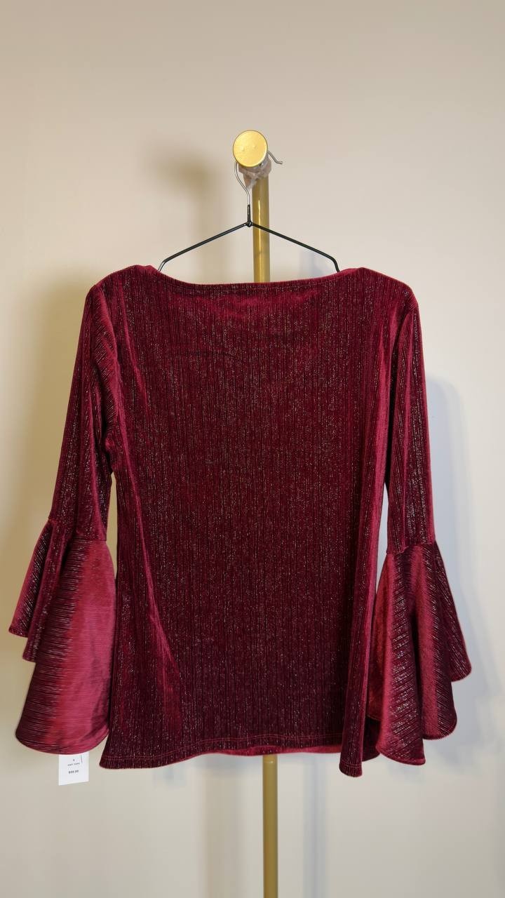 Sam & Jess Women’s Velvet Crewneck Bell 3/4‑Sleeve Blouse Maroon S NWT $59