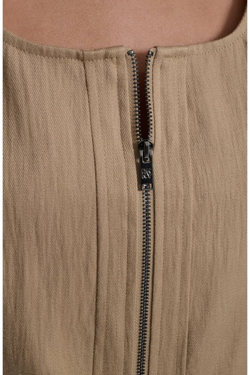 DKNY Cap Sleeve Zip Front Twill Shirt Travertine L NWT $99
