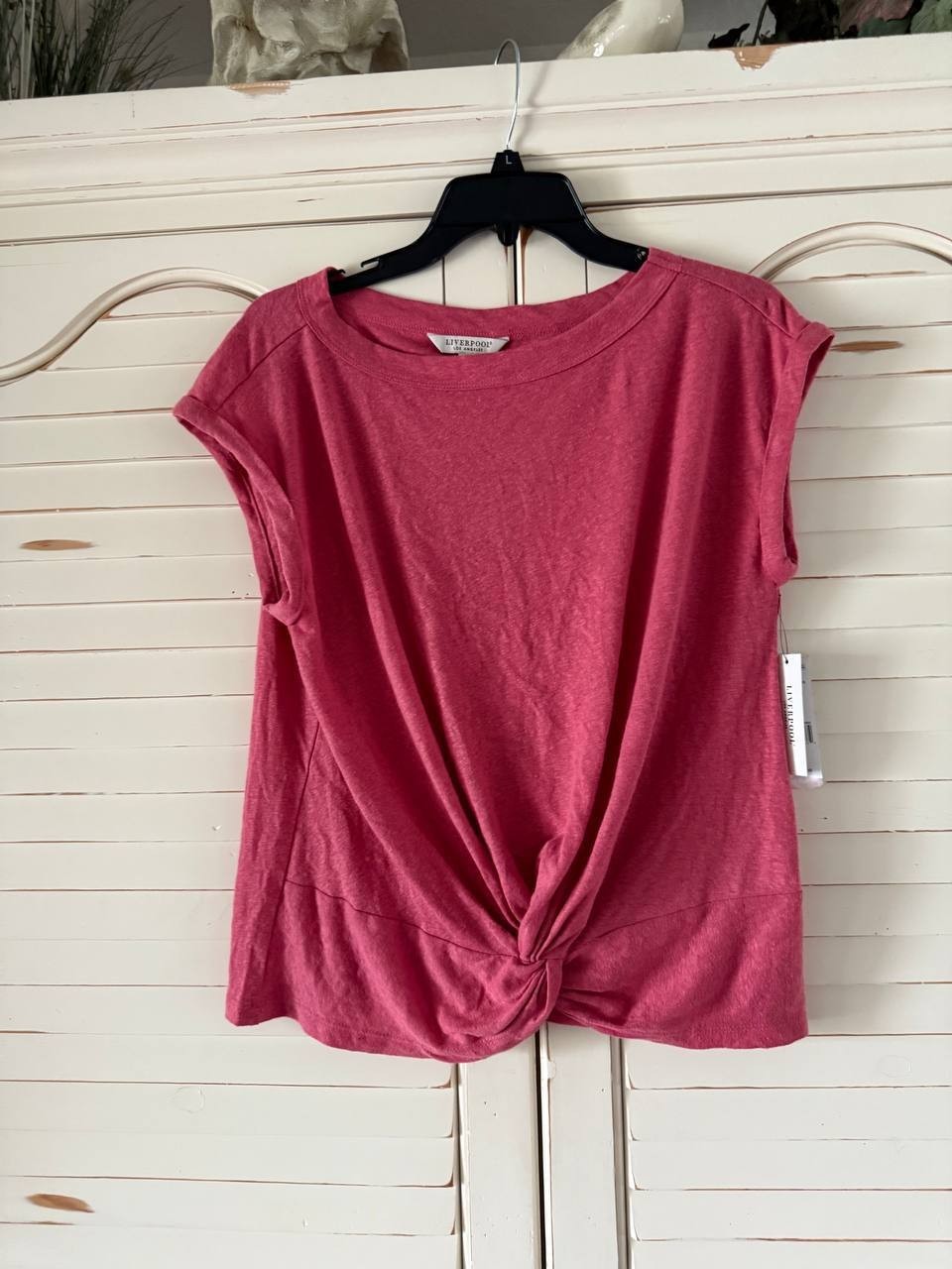 Liverpool Boat Neck Knit Top Slate Rose S NWT Linen Blend Twist Knot Front