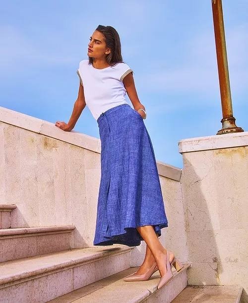 Vince Camuto Linen‑Blend Chambray Midi Skirt – L – NWT – $119